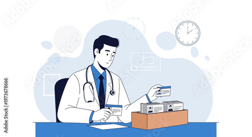Doctor organizing patient ID cards at desk, healthcare administration, medical records management
