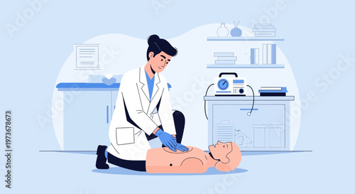 Doctor performing CPR on a dummy in a medical training simulation