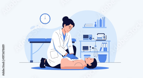 Doctor performing CPR on patient in medical clinic, emergency resuscitation, life saving procedure