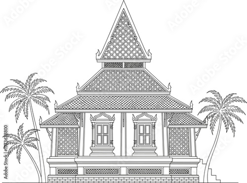 Traditional Thai House Architecture Design with Palm Trees and Ornate Roof Features in Black and White Drawing