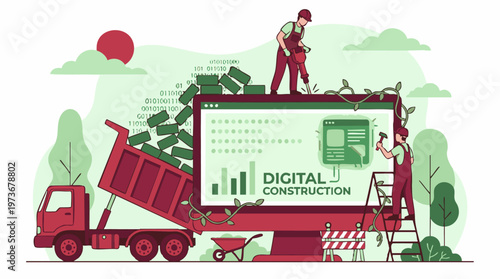 Digital construction concept: workers building software and data.
