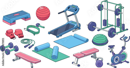 Isometric Collection of Fitness Equipment Including Treadmill Dumbbells Yoga Mats Exercise Bike and Gym Machines for Workout Training Design