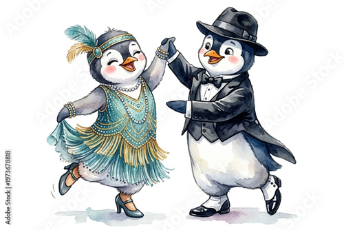 Penguin couple dancing in 1920s flapper style. Female in teal fringe dress with feather headband, male in tuxedo with top hat.