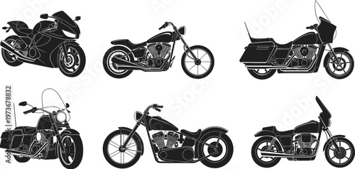 Set of motorcycle silhouettes icons, diverse motorbike shapes including chopper cruiser and sport bike, vector transport elements for automotive design.