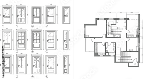 Detailed Door Design and Floor Plan Illustration Featuring Various Door Styles, Dimensions, and Interior Layout for Architecture and Construction Projects