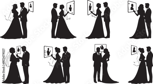Silhouettes of romantic wedding couples in various poses together