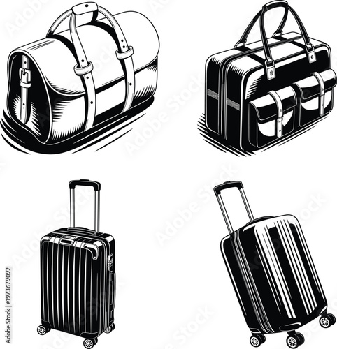 Set of travel luggage and bags illustrations, vintage duffel and modern suitcase silhouettes, vector journey accessories for vacation tourism design.