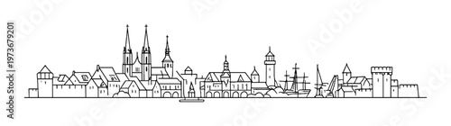 City skyline line drawing along shore with tall towers