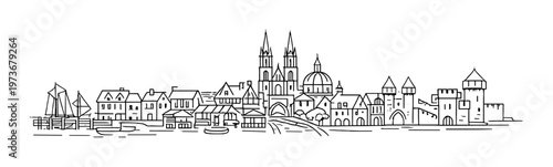 Coastal town line drawing with cathedral towers and boats