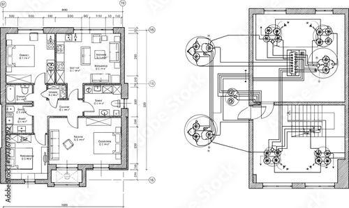 Detailed architectural house floor plan and residential electrical wiring schematic technical drawing for construction and engineering projects vector