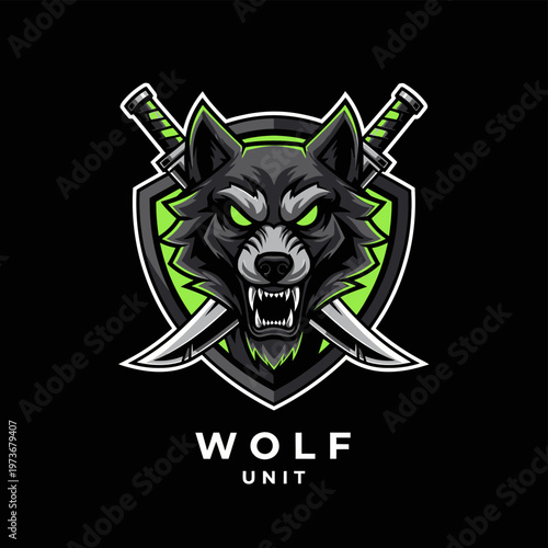 Fierce Wolf Head Esport Logo with Crossed Swords and Shield Design.