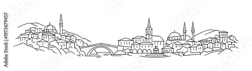 Linear outline of hillside town with arched bridge and domes