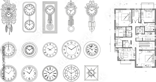 Collection of black silhouettes featuring fountain pen nibs and feather quills alongside vintage clocks and a detailed architectural house floor plan vector.