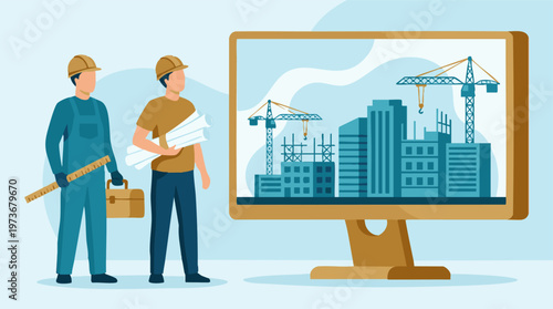 Construction workers planning and overseeing a new building project digitally