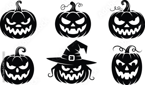 Spooky Halloween silhouette collection with haunted house, flying witch, scary jack o lantern pumpkins, and creepy cemetery graveyard vector illustration set.
