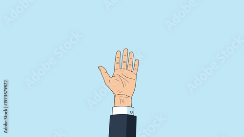 Human hand in a dark suit raised upwards with open palm on a light blue background representing voting or volunteering.