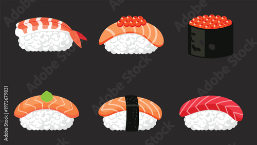 Delicious collection of six different types of sushi including nigiri with shrimp, salmon, and tuna on a dark background.