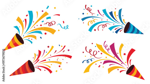 Four colorful party poppers exploding with bright confetti and streamers celebrating a festive event on white.