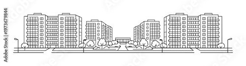 Apartment buildings flanking central walkway in urban courtyard