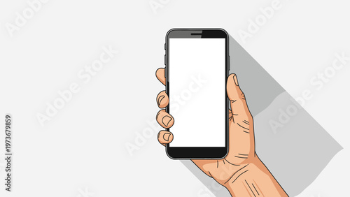 Hand holding a black smartphone with a blank white screen against a light grey background for mobile app mockups and design.