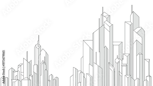 Abstract architectural sketch of a futuristic city skyline with numerous skyscrapers rendered in black and white line art.