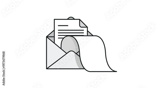 Open gray envelope containing a paper document and a long scroll representing official mail and business correspondence.