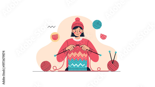 Young woman happily knitting colorful sweater while surrounded by balls of yarn as part of creative indoor hobby.