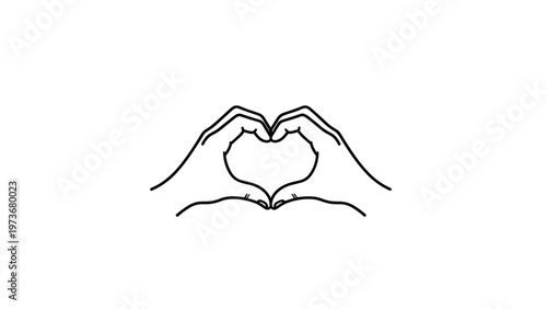 Hand drawn outline of two human hands forming heart shape symbol representing love and unity on plain background.