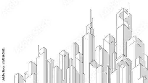 Isometric line drawing of futuristic city skyline showing tall skyscrapers representing modern urban architecture.