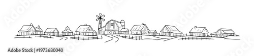 Barns and houses with windmill aligned along farmland horizon