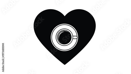 Black heart icon containing white coffee cup and saucer representing caffeine love and morning drink break.