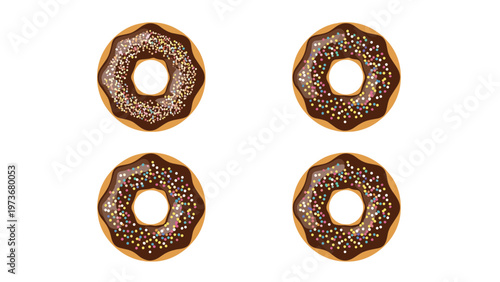 Four chocolate frosted donuts with colorful sprinkles arranged in grid representing delicious sweet desserts.