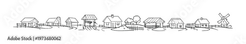 Series of cottages and barns with windmill on rural plain