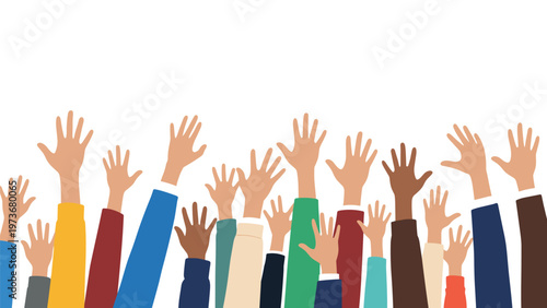 Many hands of various skin tones raised in air representing community support and diversity in group setting.