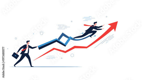 Two businessmen interact with rising line chart arrows representing fierce market competition and economic growth.