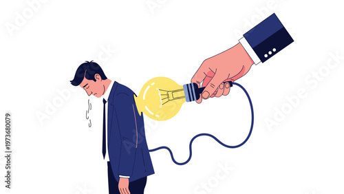 Giant hand winds up light bulb on businessman back representing external control and forced creative output.
