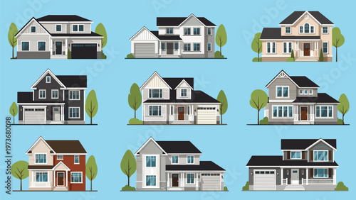 Grid of various modern suburban house illustrations showing different architectural styles for real estate market.