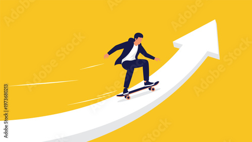 Skateboarder riding up a large white upward-curving arrow on a bright yellow background representing fast growth.