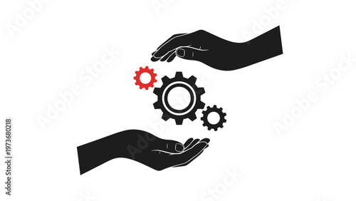 Two hands protecting a set of three interlocking gears in red and black colors representing cooperation and care.