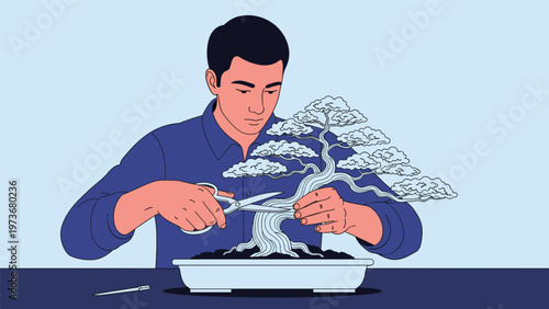 Focused man in a blue shirt carefully pruning a beautiful bonsai tree with scissors on a light blue background.