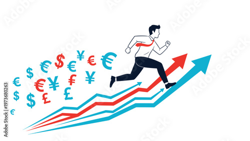 Businessman running up multiple growing lines of a financial chart surrounded by various global currency symbols.