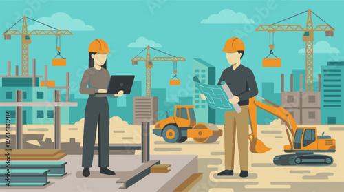 Professional engineers working on a building construction site