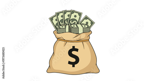 Large burlap money bag with a dollar sign filled with stacks of hundred dollar bills on a plain white background.