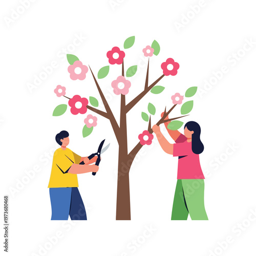 Couple pruning flowering tree in flat colorful illustration for gardening