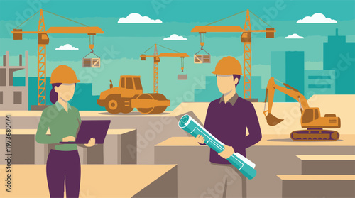 Engineers supervising construction project with heavy machinery and building site