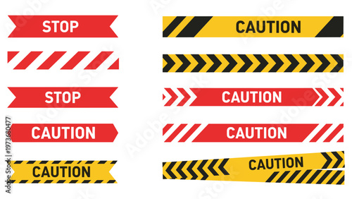 Collection of various safety ribbons including red stop bands and yellow caution tapes with distinctive hazard stripes.