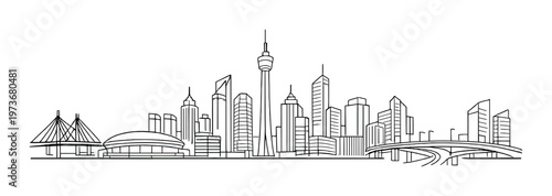 City skyline with tower, stadium and curved highway interchange