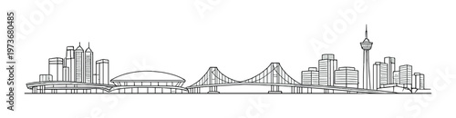 Urban skyline drawing with bridge, domes and tower on horizon