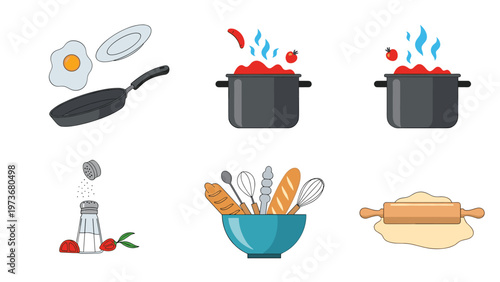 Various kitchen utensils and cooking equipment icons including frying pan pots mixing bowl and rolling pin for culinary themes.