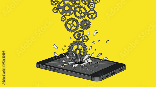 Repairing broken mobile phone display with mechanical gear parts on bright yellow background as technology maintenance concept.